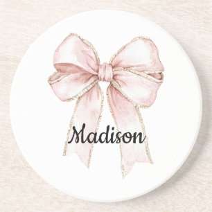 Pretty White Pink Bow Personalized Coaster