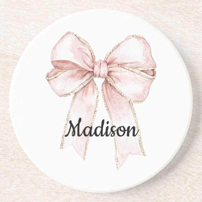 Pretty White Pink Bow Personalized Coaster (Front)