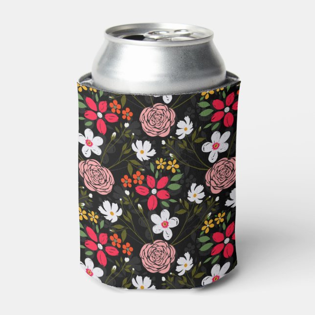 Pretty White Pink Floral Black Brush Strokes Can Cooler (Can Front)