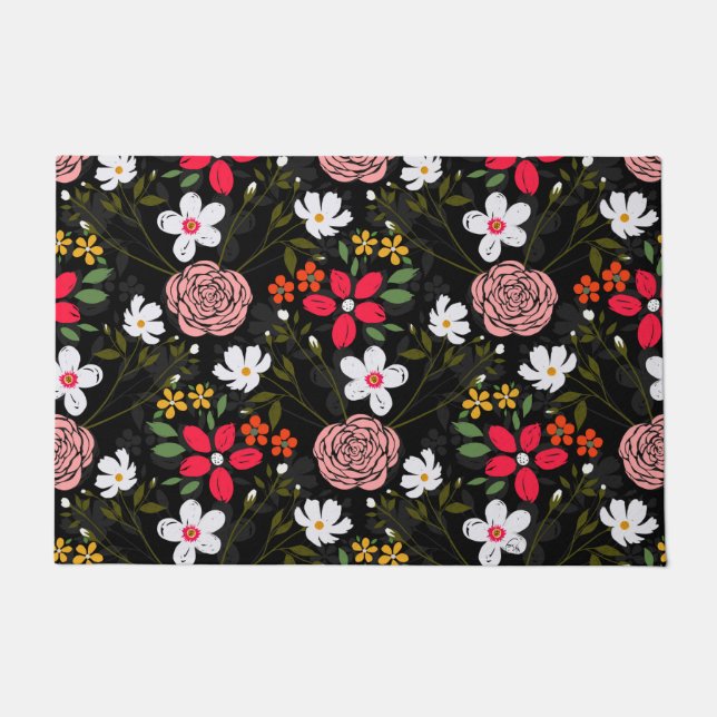 Pretty White Pink Floral Black Brush Strokes Doormat (Front)