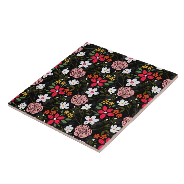 Pretty White Pink Floral Black Brush Strokes Tile (Side)