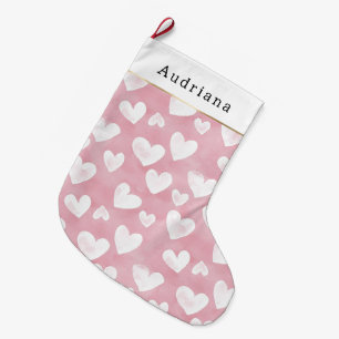 Pretty White Pink Hearts Christmas Large Christmas Stocking