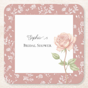 Pretty White Pink Rose Flower Bridal Shower Square Paper Coaster