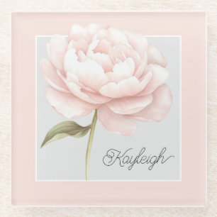 Pretty White Pink Rose Flower Personalized Glass Coaster