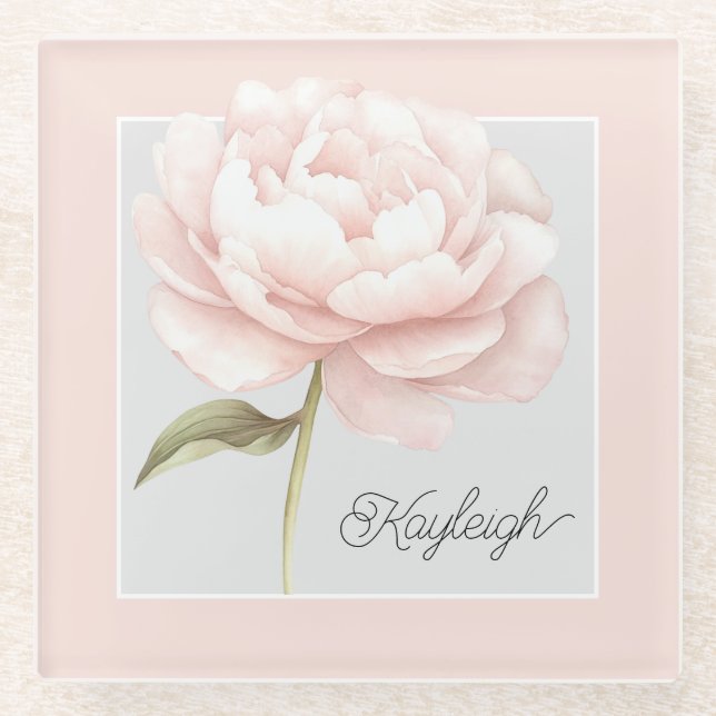 Pretty White Pink Rose Flower Personalized Glass Coaster (Front)
