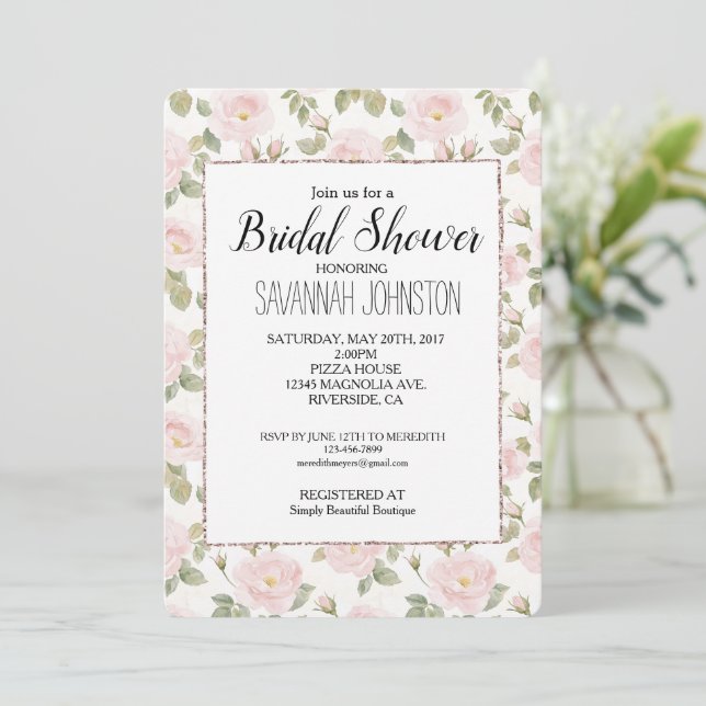 Pretty White Pink Roses Blush Glam Bridal Shower Invitation (Standing Front)