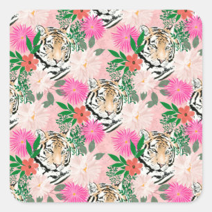 Pretty White Pink Tiger Floral Painting Square Sticker