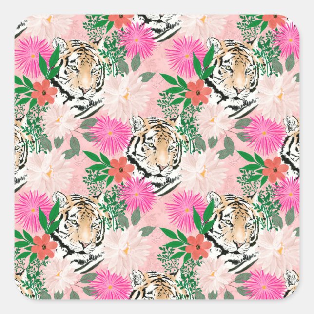 Pretty White Pink Tiger Floral Painting Square Sticker (Front)