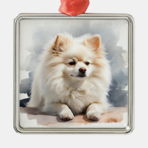 PRETTY WHITE POMERANIAN PUPPY DOG METAL ORNAMENT