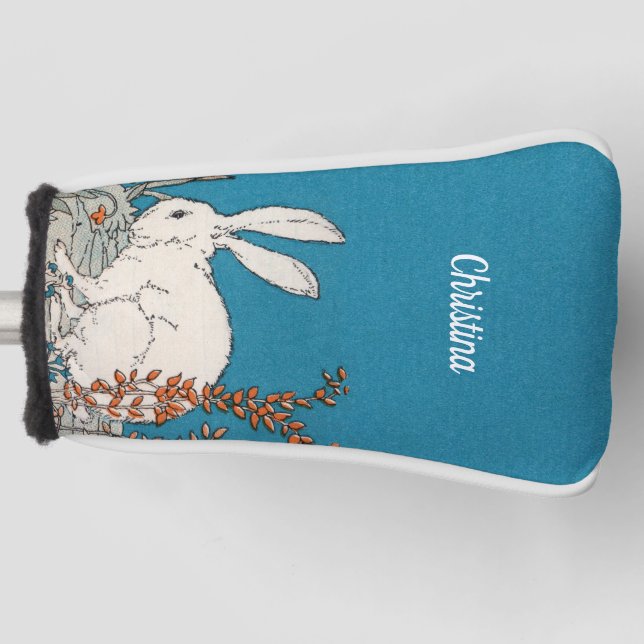 Pretty White Sitting Rabbit Illustration Flowers Golf Head Cover (Front)