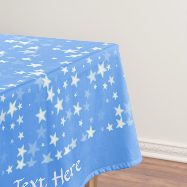 Pretty White Stars on Baby Blue Personalized Edges Tablecloth (In Situ)