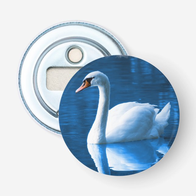 Pretty white swan floating on a blue lake bottle opener (Front)