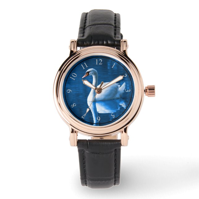 Pretty white swan floating on a blue lake watch (Front)
