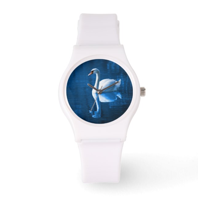 Pretty white swan floating on a blue lake watch (Front)