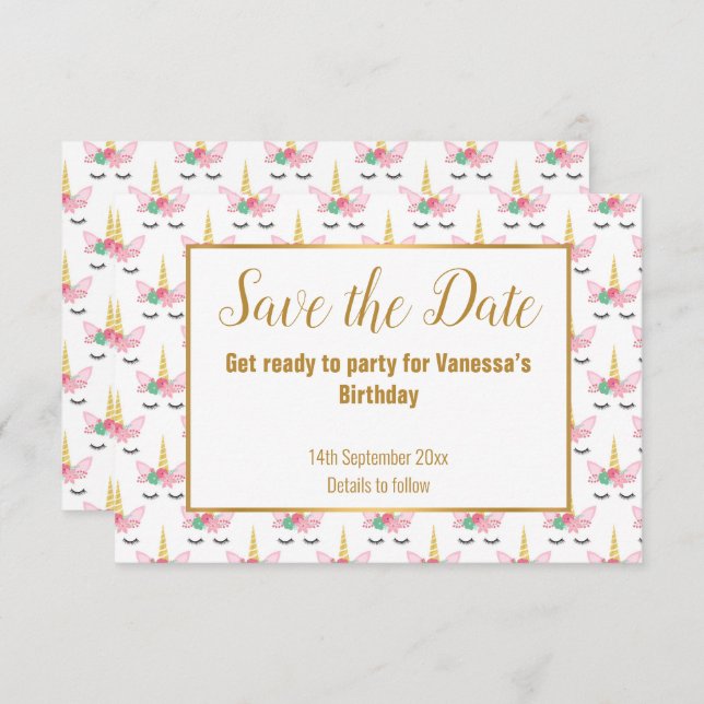Pretty White Unicorn Horn SAVE THE DATE   Announcement (Front/Back)