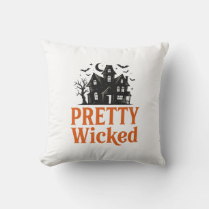 Pretty Wicked Vintage Halloween Haunted House Shir Throw Pillow