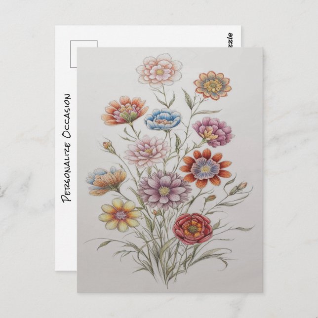 Pretty Wild Flower Bouquet Coloured Pencil Drawing Postcard (Front/Back)