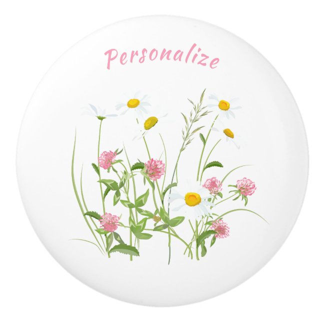 Pretty Wild Flowers Daisy Carnation Personalized Ceramic Knob (Front)