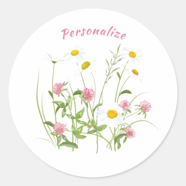 Pretty Wild Flowers Daisy Carnation Pink  Classic Round Sticker (Front)