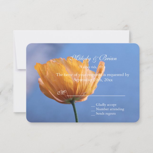 Pretty wild yellow poppy flower wedding RSVP card (Front)