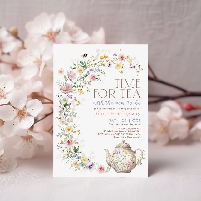 Pretty Wildflower Meadow Time for Tea Baby Shower Invitation (Creator Uploaded)