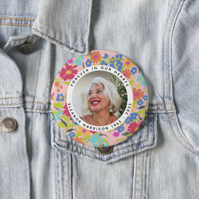 Pretty Wildflower Memorial Photo Frame with Text 4 Inch Round Button (In Situ)