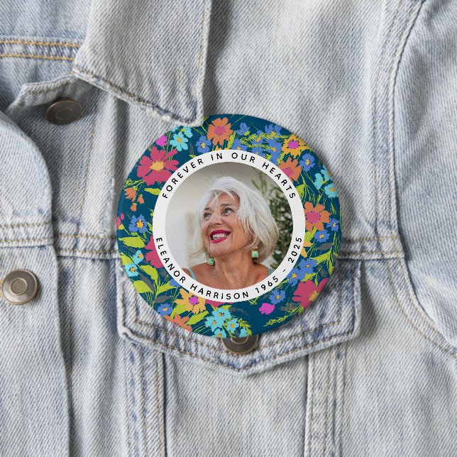 Pretty Wildflower Memorial Photo Frame with Text 4 Inch Round Button (In Situ)