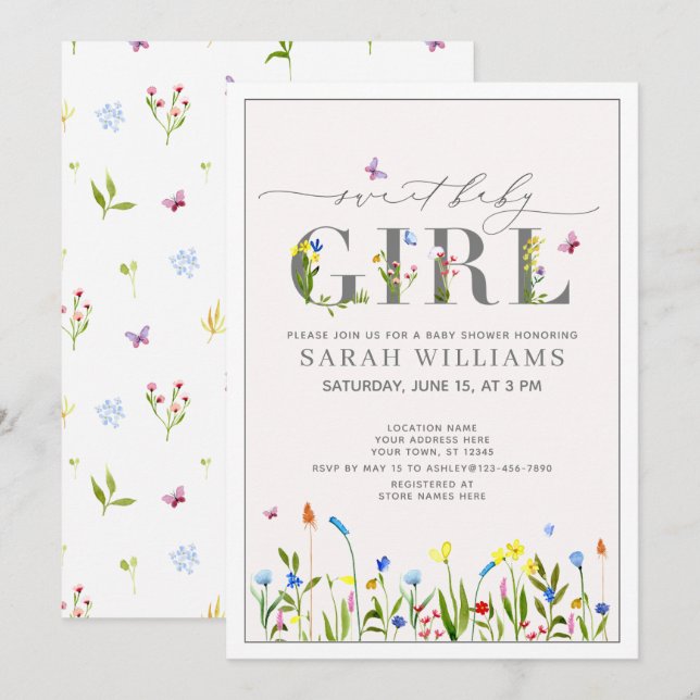 Pretty Wildflower Sweet Baby Girl Script Shower Invitation (Front/Back)