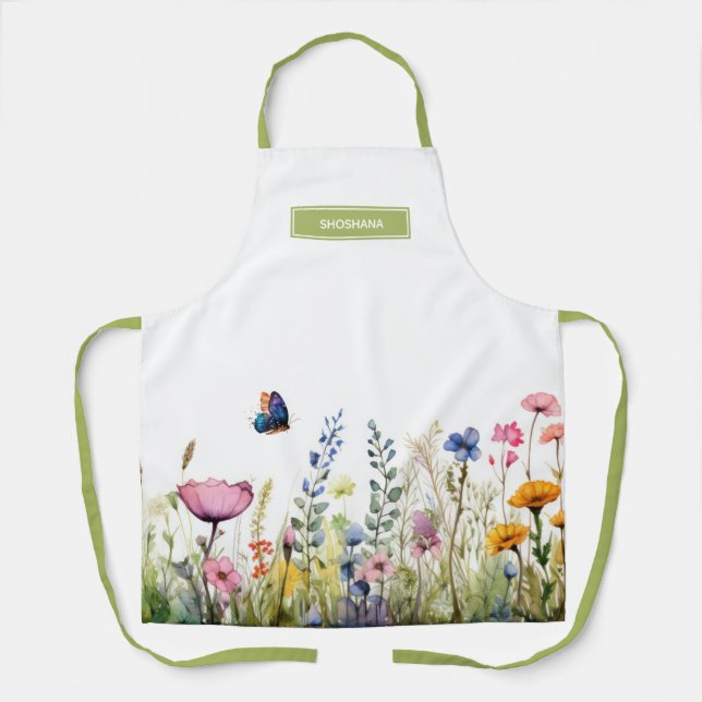 Pretty Wildflower Watercolor with Butterfly Apron (Front)