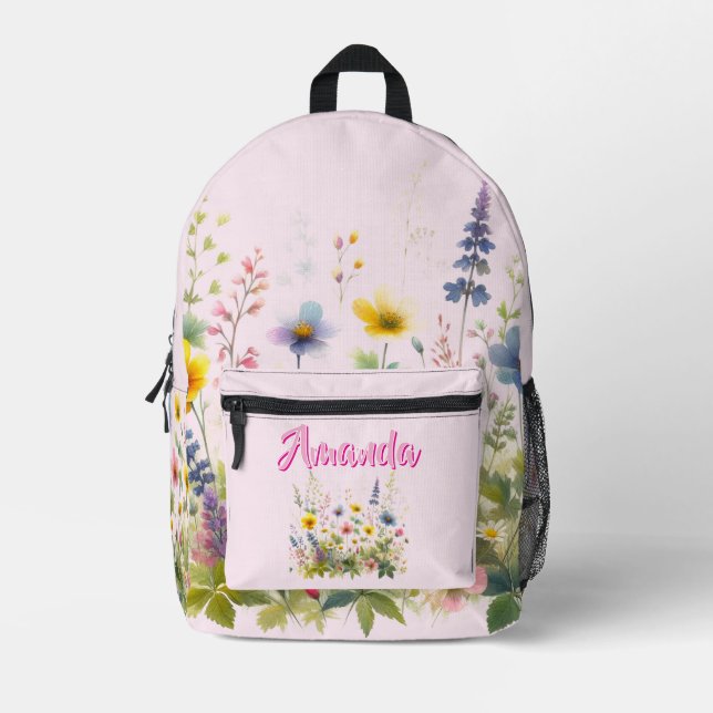 Pretty Wildflowers Blooming  Your Name Backpack (Front)