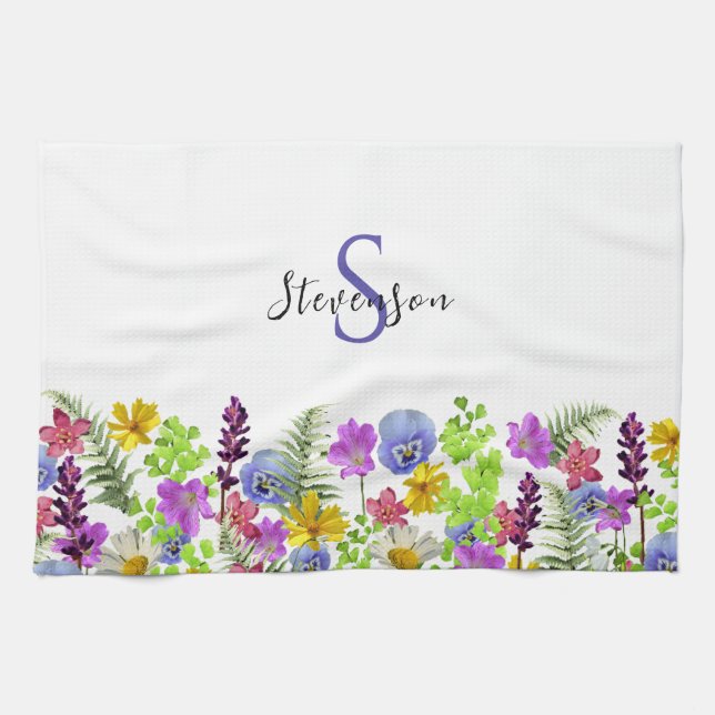 Pretty Wildflowers Custom Name and Monogram Kitchen Towel (Horizontal)