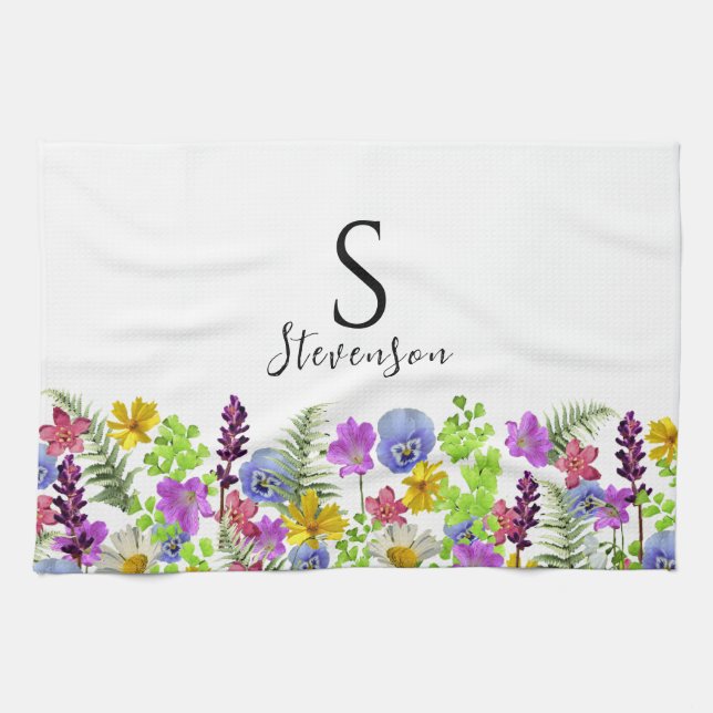 Pretty Wildflowers Custom Name and Monogram Kitchen Towel (Horizontal)
