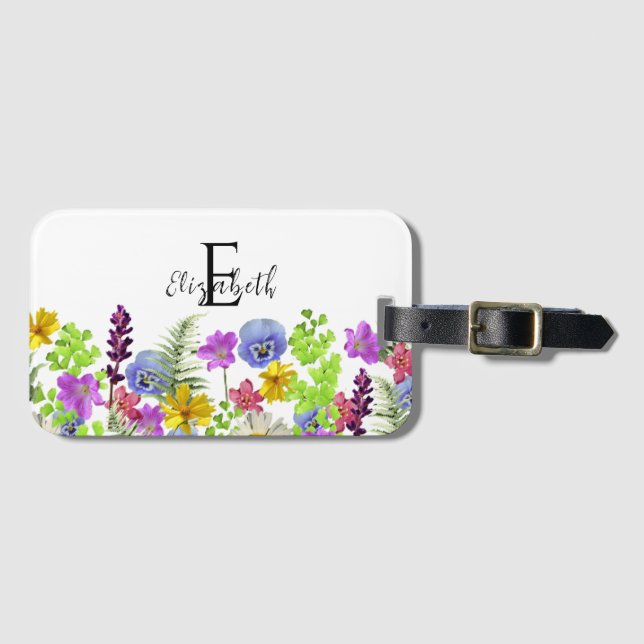 Pretty Wildflowers Custom Name and Monogram Luggage Tag (Front Horizontal)