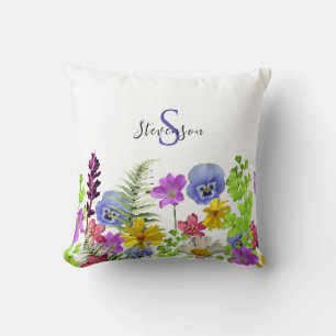 Pretty Wildflowers Custom Name and Monogram Throw Pillow