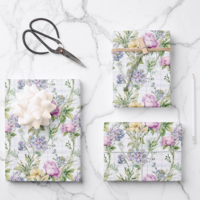 Pretty Wildflowers Pink, Purple, Yellow Wrapping Paper Sheet (Front)