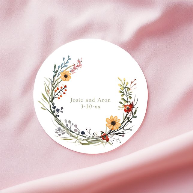 Pretty Wildflowers Wedding Wreath Names and Date Classic Round Sticker (Round sticker with vibrant wildflower wreath and delicate wedding names and date in center.)