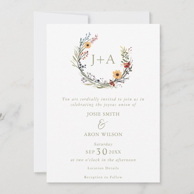 Pretty wildflowers wreath initials wedding invitation (Front)