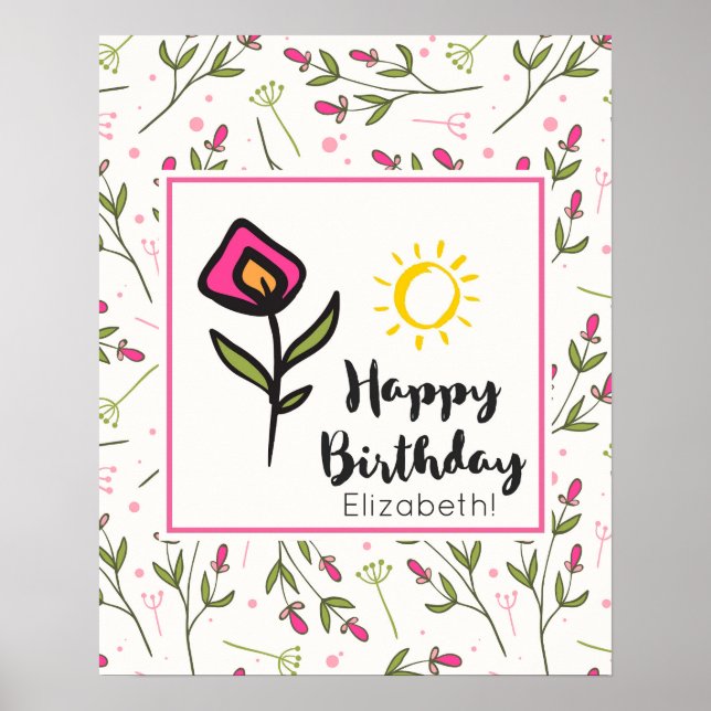 Pretty Wildlflowers and Sun Illustration Birthday Poster (Front)