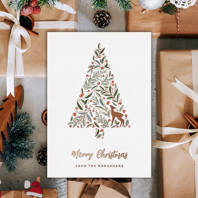 Pretty Winter Foliage Christmas Tree | Little Deer Foil Holiday Card (Creator Uploaded)