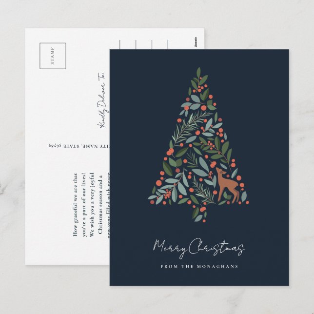 Pretty Winter Foliage Christmas Tree | Little Deer Holiday Postcard (Front/Back)