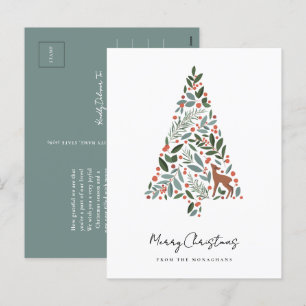 Pretty Winter Foliage Christmas Tree Little Deer Holiday Postcard