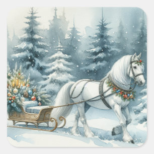 Pretty Winter Horse and a Christmas Sleigh Square Sticker