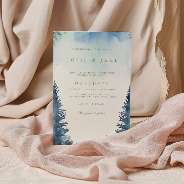 Pretty winter pine trees green wedding invitation (Blue watercolor forest wedding invitation with pine tree border and elegant typography.)