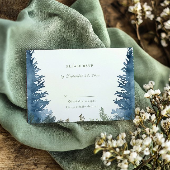 Pretty winter pine trees green wedding rsvp card (Pretty winter pine trees green wedding RSVP)