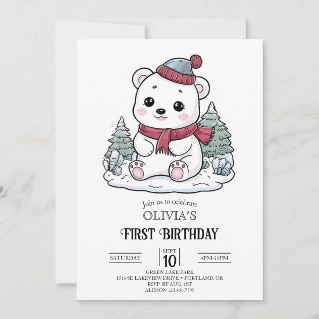 Pretty Winter Polar Bear 1st Birthday Digital Invitation (Front)