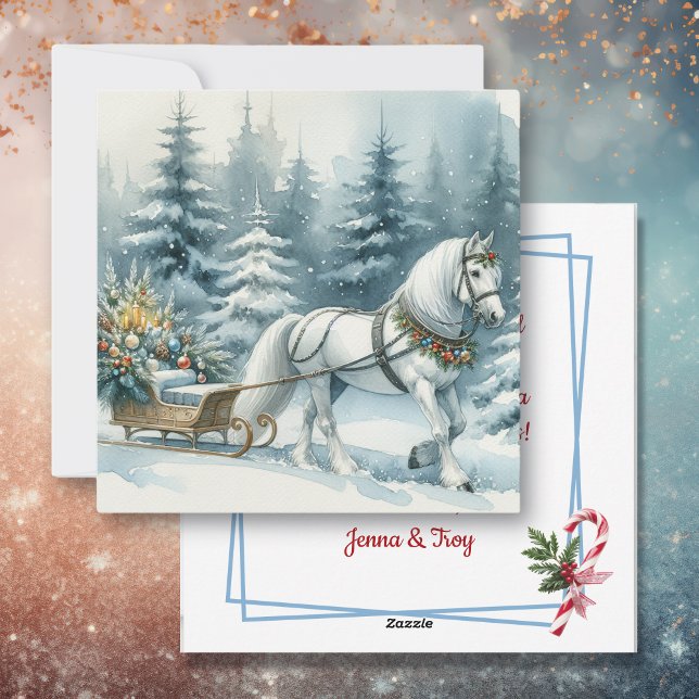 Pretty Winter Scene with White Horse in Snow Holiday Card (Creator Uploaded)