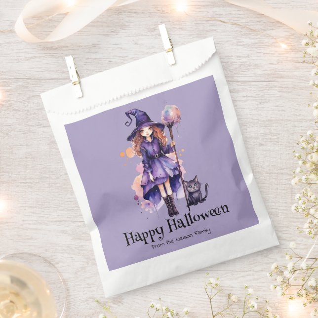 Pretty Witch and Black Cat Happy Halloween Favour Bag (Clipped)