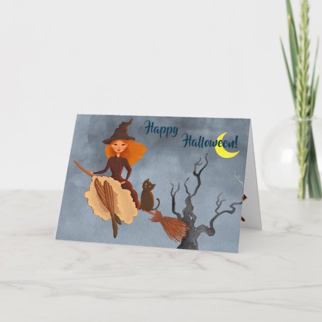 Pretty Witch and Cat on Broom Halloween Card (Front)