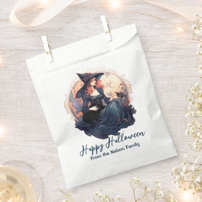 Pretty Witch and Cute Black Cat Happy Halloween Favour Bag (Clipped)