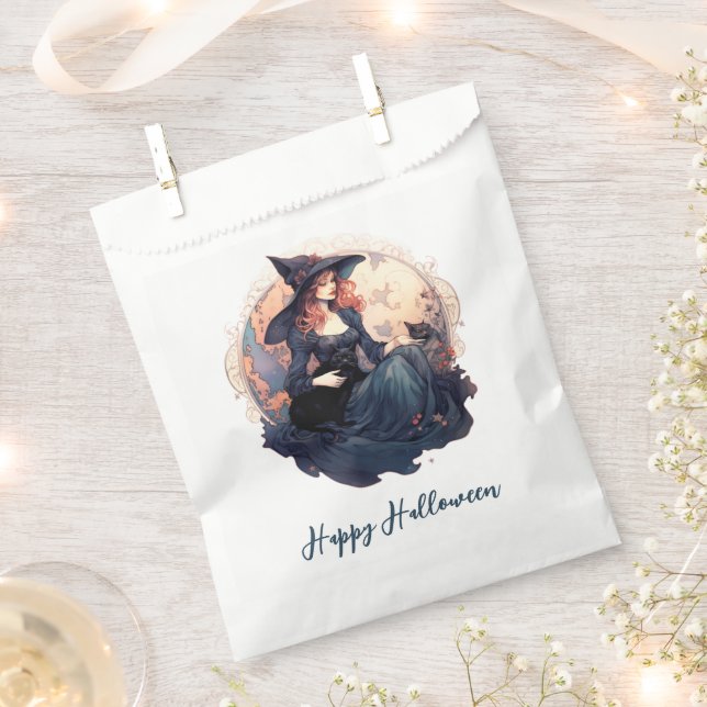 Pretty Witch and Cute Black Cat Happy Halloween Favour Bag (Clipped)